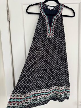 THML Navy Diamond-Print Halter Dress with Mint & Coral Embroidery